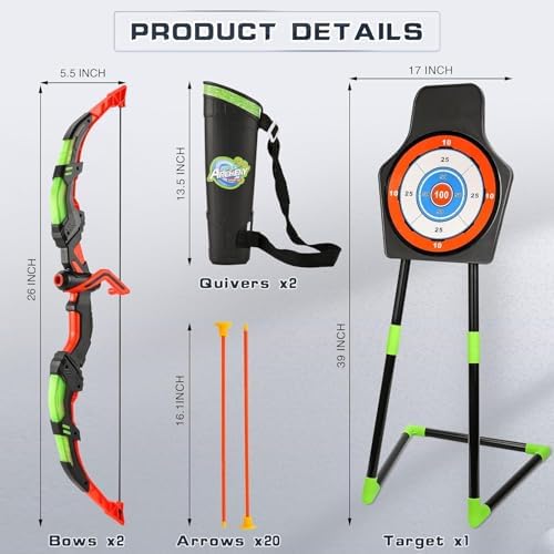 Bow and Arrow Set for Kids, 2-Pack LED Light Up Archery Set with 20 Suction Cup Arrows, Indoor and Outdoor Toy for Boys Girls Age 4-8 8-12 with Standing Target&2 Quivers, Birthday Gift 3-12 Years Old - Image 7