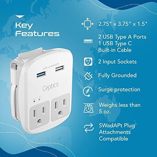 Ceptics Universal Travel Adapter Kit - 2 USB, USB-C Cord+2 US Outlets QC 3.0, Surge Protection, Plugs for Europe, UK, China, Australia, Japan - Perfect for Laptop, Cell Phones, Cameras,Safe ETL Tested - Image 4